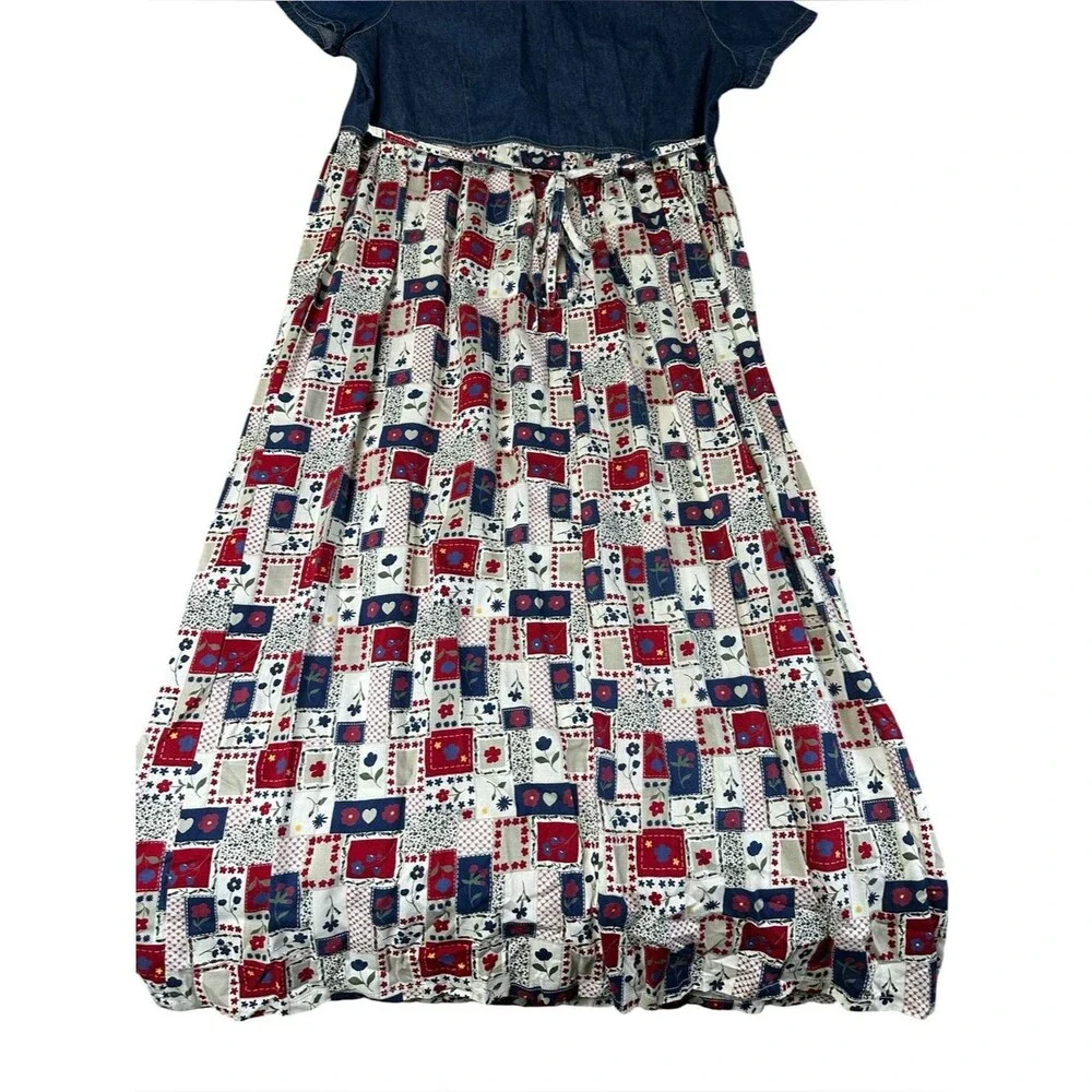 VTG 90s Bobbie Brooks Denim Patchwork Prairie Maxi Dress Large Cottagecore Folk